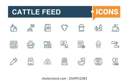 Cattle Feed icons set in linear style. Includes thin line mixer, screw, food, production, feed, web, farming and more. Minimal icons. Editable stroke.