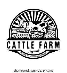 Cattle in green field livestock farming badge design