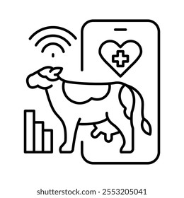 Ícones de linha preta de monitoramento de saúde do gado definidos. Elemento isolado do vetor. Traçado editável.