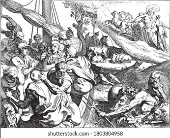 Cattle Of Helios, The Hungry Companions Of Odysseus Slaughter One Of The Cattle Of The Sun God Helios On Board, Vintage Engraving.