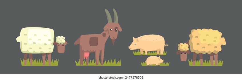 Cattle and Livestock Grazing on Green Pasture Vector Set