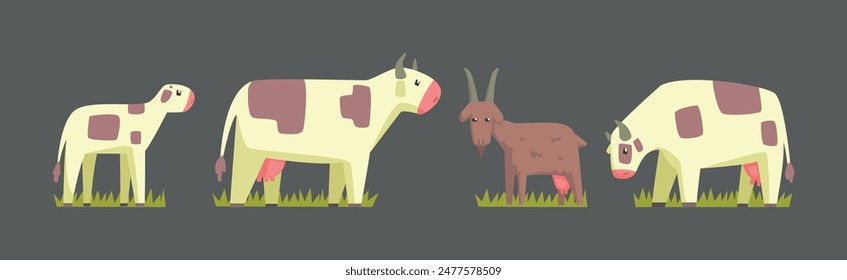 Cattle and Livestock Grazing on Green Pasture Vector Set