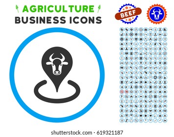 Cattle Location rounded icon with agriculture commercial icon set. Vector illustration style is a flat iconic symbol inside a circle, blue and gray colors. Designed for web and software interfaces.
