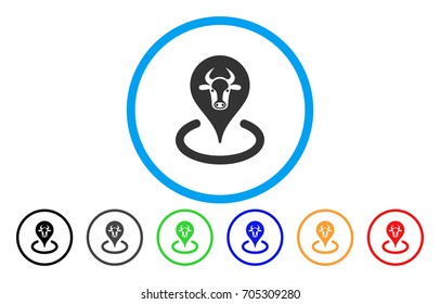 Cattle Location vector rounded icon. Image style is a flat gray icon symbol inside a blue circle. Additional color versions are gray, black, blue, green, red, orange.