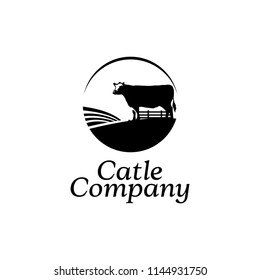Cattle Logo Design Agriculture Farm Vector, a Cow Stands in The Meadow Illustration Silhouette
