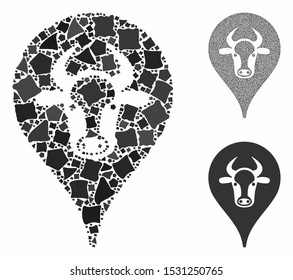 Cattle marker composition of irregular parts in different sizes and color tints, based on cattle marker icon. Vector humpy parts are united into composition.