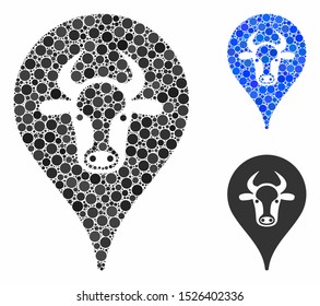 Cattle marker mosaic for cattle marker icon of round dots in different sizes and color tints. Vector dots are combined into blue mosaic. Dotted cattle marker icon in usual and blue versions.