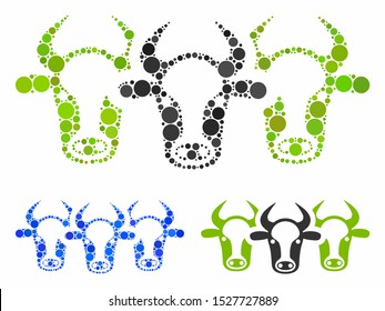 Cattle mosaic of round dots in different sizes and shades, based on cattle icon. Vector random circles are composed into blue mosaic. Dotted cattle icon in usual and blue versions.
