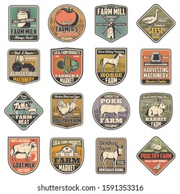 Cattle and poultry farming, food and meat production farm icons. Vector cow dairy production, wheat mill and barn, farmer vegetables harvest tractor, rabbit and chicken, donkey and horse on field