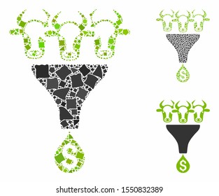 Cattle profit funnel mosaic of unequal parts in variable sizes and color tones, based on cattle profit funnel icon. Vector unequal pieces are grouped into mosaic.