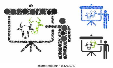 Cattle public report mosaic of small circles in variable sizes and color tints, based on cattle public report icon. Vector small circles are combined into blue mosaic.
