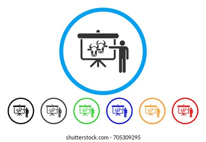 Cattle Public Report vector rounded icon. Image style is a flat gray icon symbol inside a blue circle. Bonus color versions are grey, black, blue, green, red, orange.