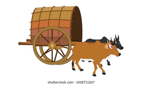 cattle pull a wooden cart graphic object illustration - Vector