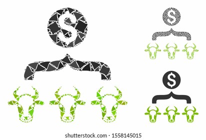 Cattle result money mosaic of unequal elements in different sizes and color tinges, based on cattle result money icon. Vector abrupt elements are combined into collage.