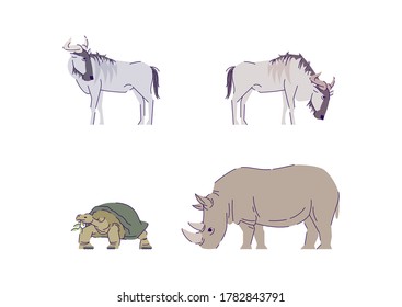 Cattle and rhino semi flat RGB color vector illustration set. Indonesian turtle. Wildlife mammals. Safari conservation creature. Wild animal isolated cartoon character on white background collection