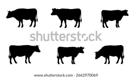 Cattle silhouette vector icon set of cows for concepts of farming, agriculture, and dairy products.
