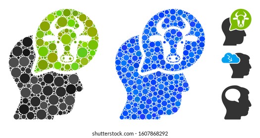 Cattle thinking person mosaic of round dots in variable sizes and color tones, based on cattle thinking person icon. Vector round dots are grouped into blue composition.