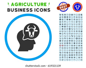 Cattle Thinking Person rounded icon with agriculture commercial icon collection. Vector illustration style is a flat iconic symbol inside a circle, blue and gray colors.