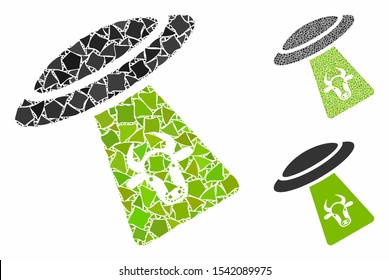 Cattle UFO abduction composition of abrupt pieces in various sizes and shades, based on cattle UFO abduction icon. Vector abrupt parts are composed into composition.