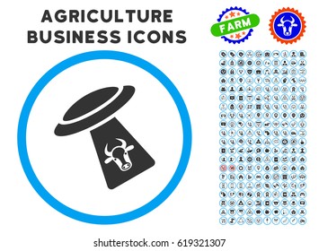 Cattle UFO Abduction rounded icon with agriculture commercial glyph collection. Vector illustration style is a flat iconic symbol inside a circle, blue and gray colors.