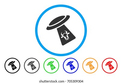 Cattle UFO Abduction vector rounded icon. Image style is a flat gray icon symbol inside a blue circle. Additional color versions are gray, black, blue, green, red, orange.