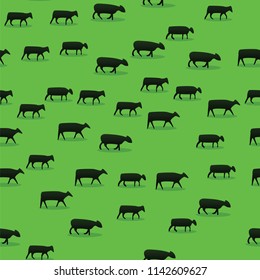 Cattle walking on green field pattern background. Sheep, goats and cows grazing on pasture. Farming and livestock. Seamless pattern