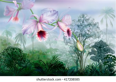 Cattleya orchids on a background tropical rainforest. Vector illustration