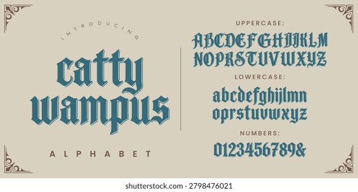 Catty Wampus font alphabet set with quirky vintage serif characters and numeric typography design