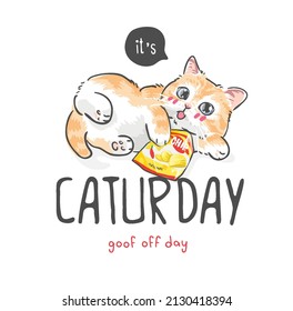 caturday slogan with cute cartoon cat eating snack vector illustration