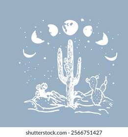 catus line art in the desert with moon phase artwork for tshirt printing 