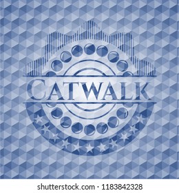 Catwalk blue emblem with geometric pattern background.