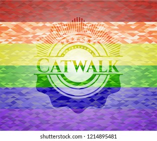 Catwalk emblem on mosaic background with the colors of the LGBT flag
