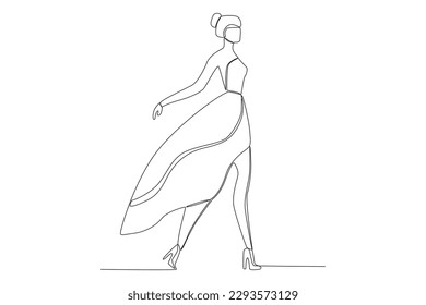 A catwalk female model on stage. Fashion show one-line drawing