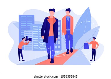 Catwalk Male Models Display Clothes On Runway Fashion Show And Event For Media. Men Fashion, Men Style Clothing, Menswear Models Concept. Pinkish Coral Bluevector Isolated Illustration