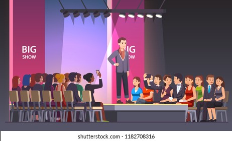 Catwalk Model Man Showing Fashionable Suit And Walking On Runway. Audience Crowd Watching Big Fashion Show. Fashion Runway Exhibition Model Podium Or Stage. Flat Vector Illustration Isolated