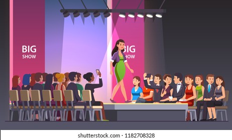 Catwalk Model Woman Showing Fashionable Dress And Walking On Runway. Audience Crowd Watching Big Fashion Show. Fashion Runway Exhibition Model Podium Or Stage. Flat Vector Illustration Isolated