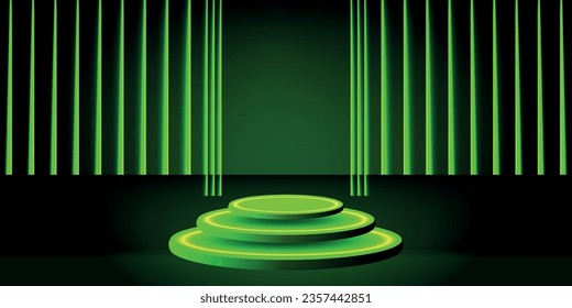 Catwalk or pedestal in full black for product display, photo luxurious, elegant, dark in low light for men, cosmetic LED neon 