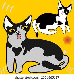 Cat,white and back  yellow background. Vector illustration. Use as background. Cute pet.
