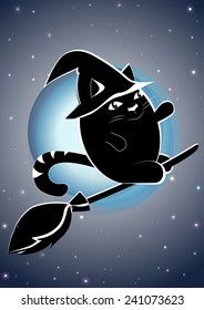 Cat-witch flying on the broom. 