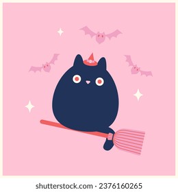 A cat-witch is flying on a broomstick. Funny Halloween illustration.