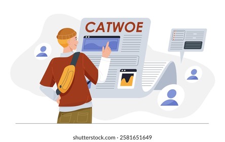 CATWOE technique concept. Man assesses business prospects. Customers, actors, transformation, world view, owner, environmental. Analyst conducting marketing research. Flat vector illustration