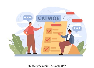 CATWOE technique. Modern approach to understanding the various perspectives of a business challenge. Mnemonic checklist for problem identification and solving. Flat vector illustration