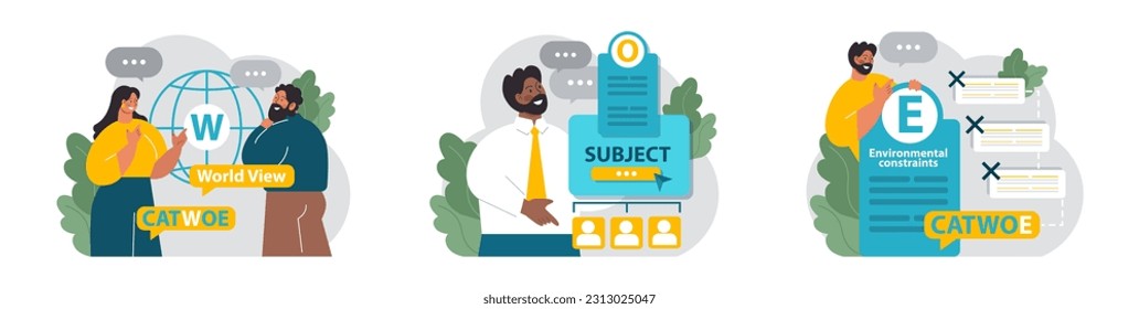 Equipo de técnica CATWOE. Enfoque moderno para entender las diversas perspectivas de un desafío empresarial. Lista de verificación mnemotécnica para la identificación y resolución de problemas. Ilustración vectorial plana