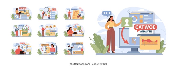 CATWOE technique set. Modern approach to understanding the various perspectives of a business challenge. Mnemonic checklist for problem identification and solving. Flat vector illustration