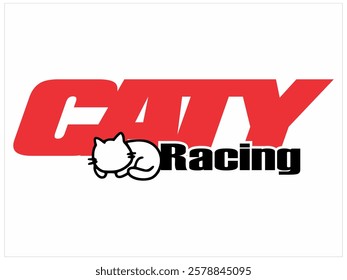CATY RACING text vector and cool cat animation, Sticker Print Design.