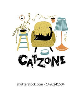 Catzone. Vector poster, postcard with a black cat in the Scandinavian interior in a simple hand-drawn style. Colorful modern illustration