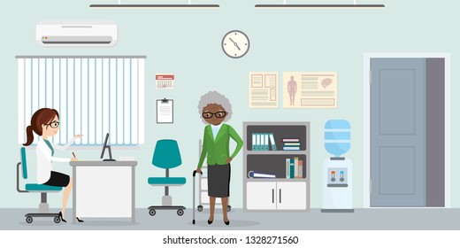 Caucaian female doctor and old african american woman in doctor office room,Medical furniture and equipment,health care banner,vector flat design illustration