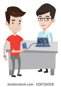 Hombre caucásico controlando la presión arterial con medidor digital de presión arterial. Hombre dándole el pulgar mientras el médico mide su presión sanguínea. Ilustración de diseño plana vectorial aislada en fondo blanco.