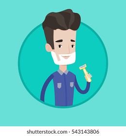 Caucasain man shaving his face. Man with shaving cream on his face and razor in hand. Young man prepping face for daily shaving. Vector flat design illustration in the circle isolated on background.