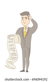 Caucasian accountant standing with a long bill. Anxious accountant holding a long bill. Young worried accountant looking at long bill. Vector sketch cartoon illustration isolated on white background.